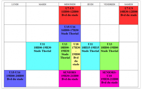Planning des entraînements saison 2018-2019