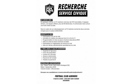 Le FC AUBINOIS recherche son futur service civique !